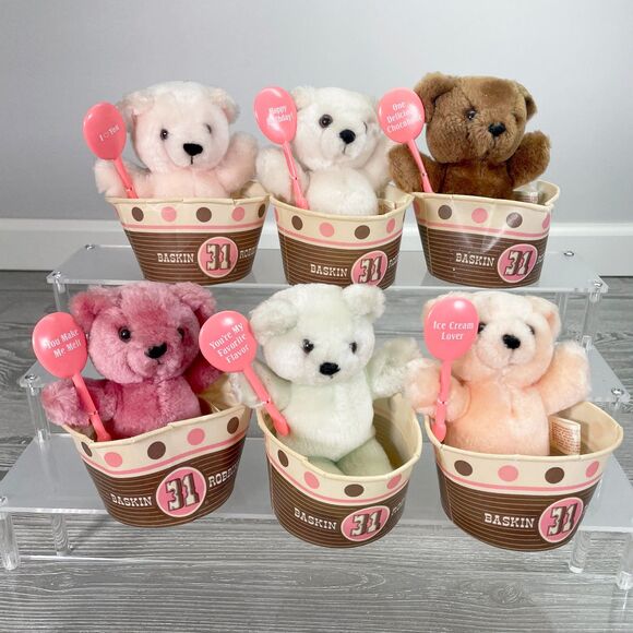 Vintage Baskin Robbins 31 Flavors Ice Cream Cup Teddy Bear Plush - LOT of SIX - Picture 1 of 12